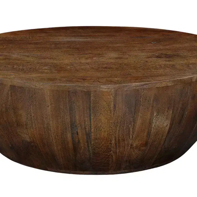 35.5" Round Drum Mango Wood Coffee Table, Walnut Brown