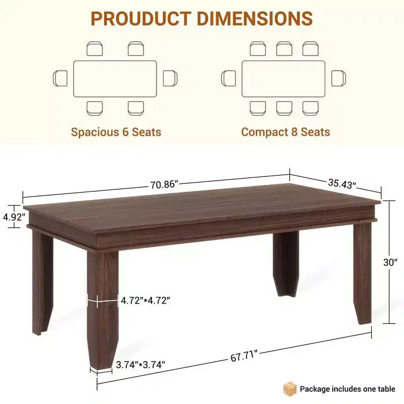 71" Farmhouse Wood Dining Table for 6-8