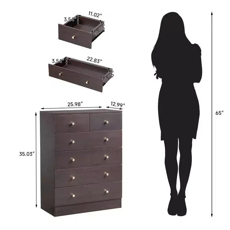 6-Drawer Brown Particle Board Chest of Drawers, 25.98" W