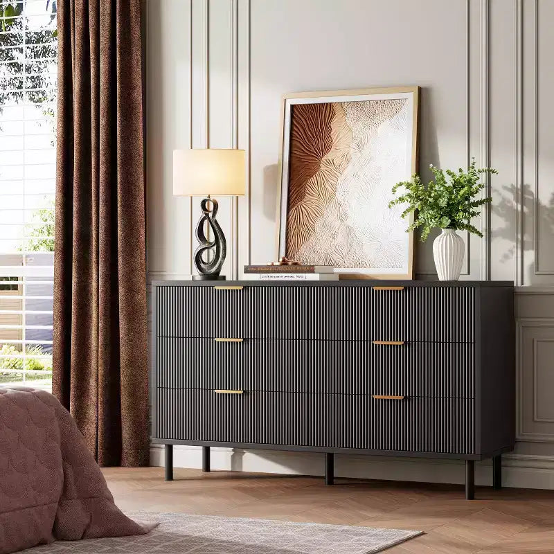 Wave Fluted Dresser with Anti-Tipping Device, Large Wood Nightstand with Storage and Metal Legs