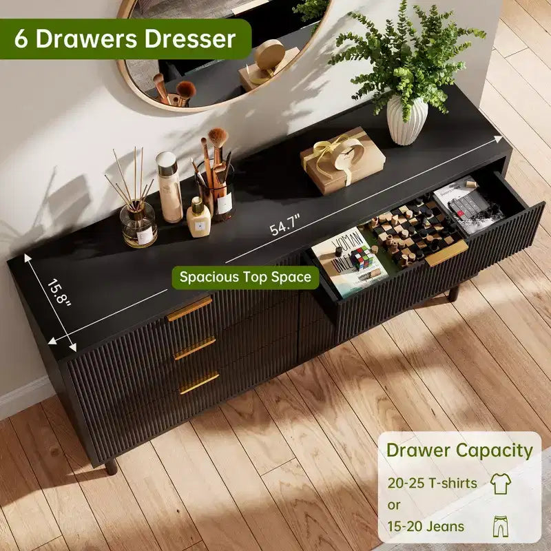 Wave Fluted Dresser with Anti-Tipping Device, Large Wood Nightstand with Storage and Metal Legs