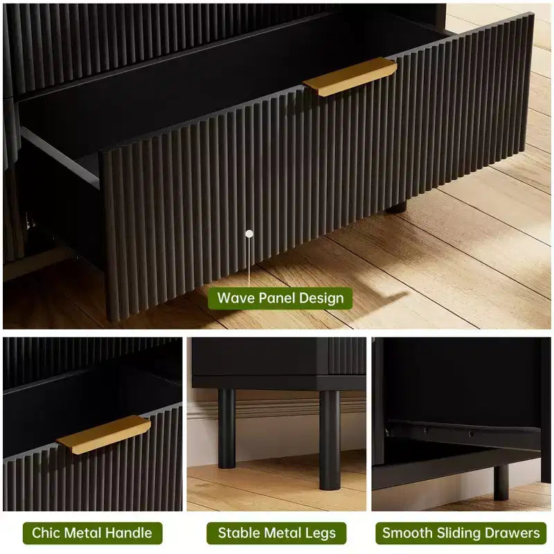 Wave Fluted Dresser with Anti-Tipping Device, Large Wood Nightstand with Storage and Metal Legs