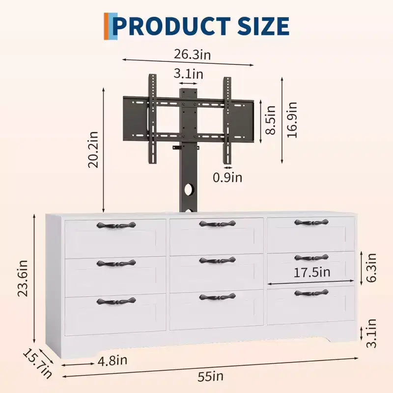 9-Drawer Dresser TV Stand with Adjustable Mount for 32"-85" TVs, White