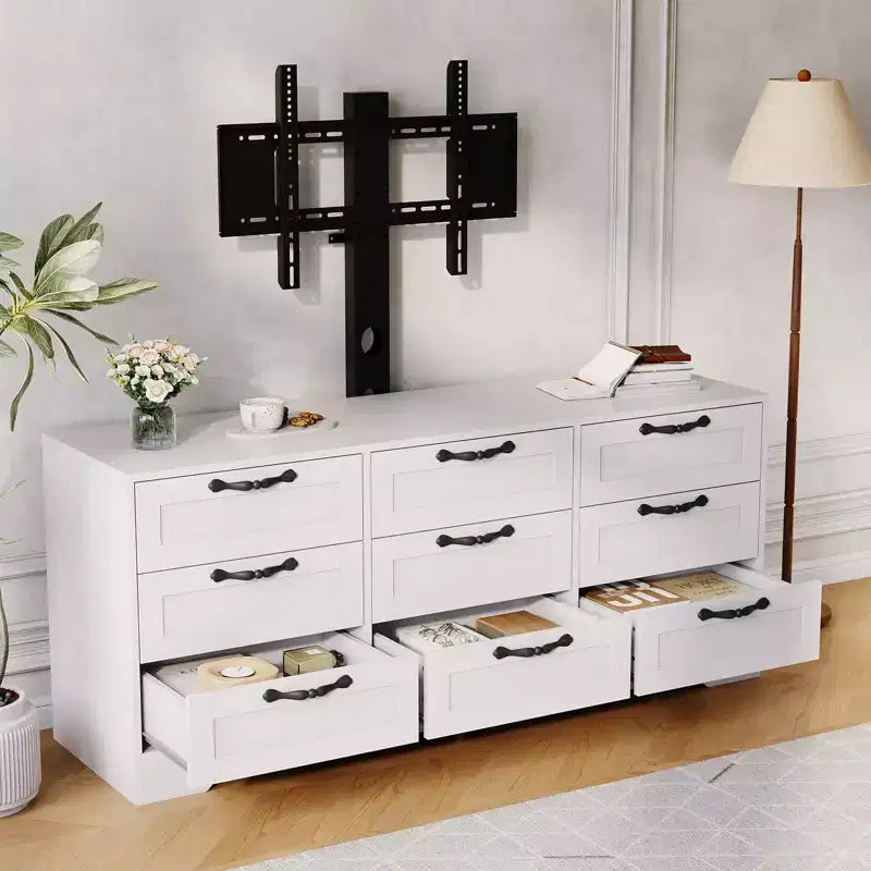 9-Drawer Dresser TV Stand with Adjustable Mount for 32"-85" TVs, White