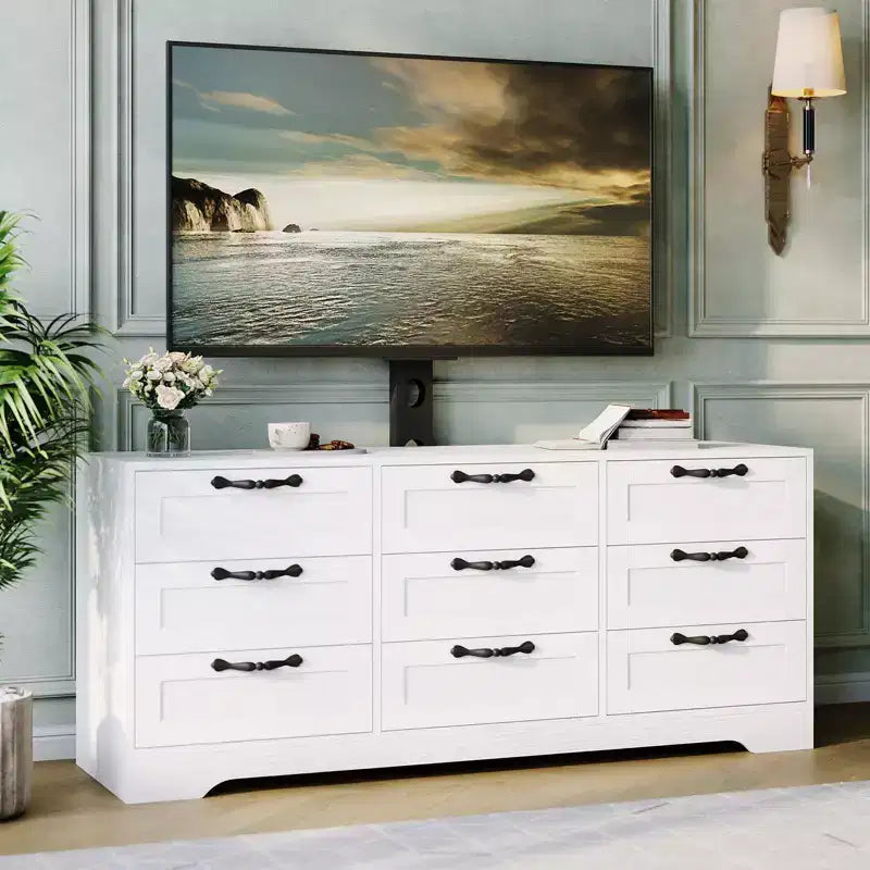 9-Drawer Dresser TV Stand with Adjustable Mount for 32"-85" TVs, White