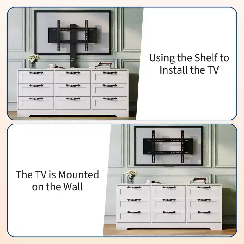9-Drawer Dresser TV Stand with Adjustable Mount for 32"-85" TVs, White