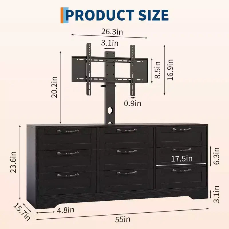 9-Drawer Dresser TV Stand with Adjustable Mount for 32"-85" TVs, White