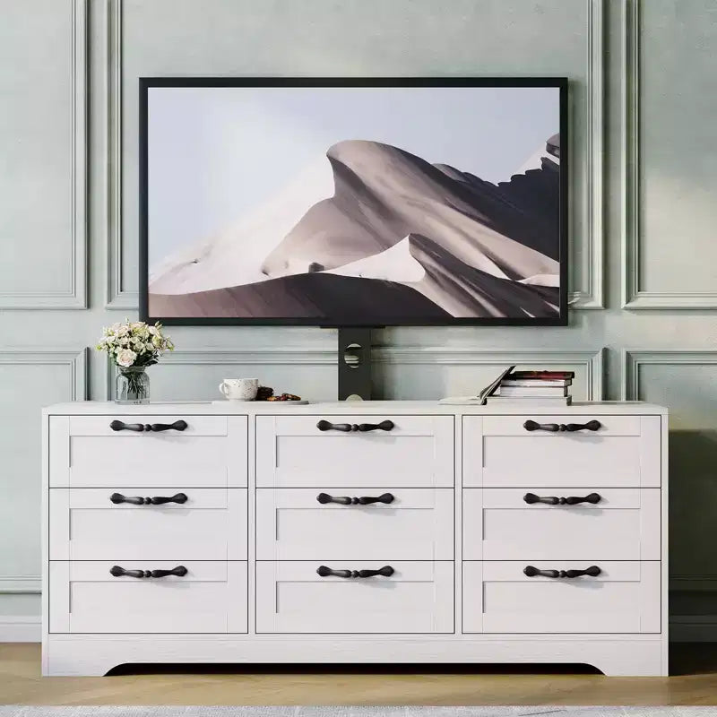 9-Drawer Dresser TV Stand with Adjustable Mount for 32"-85" TVs, White