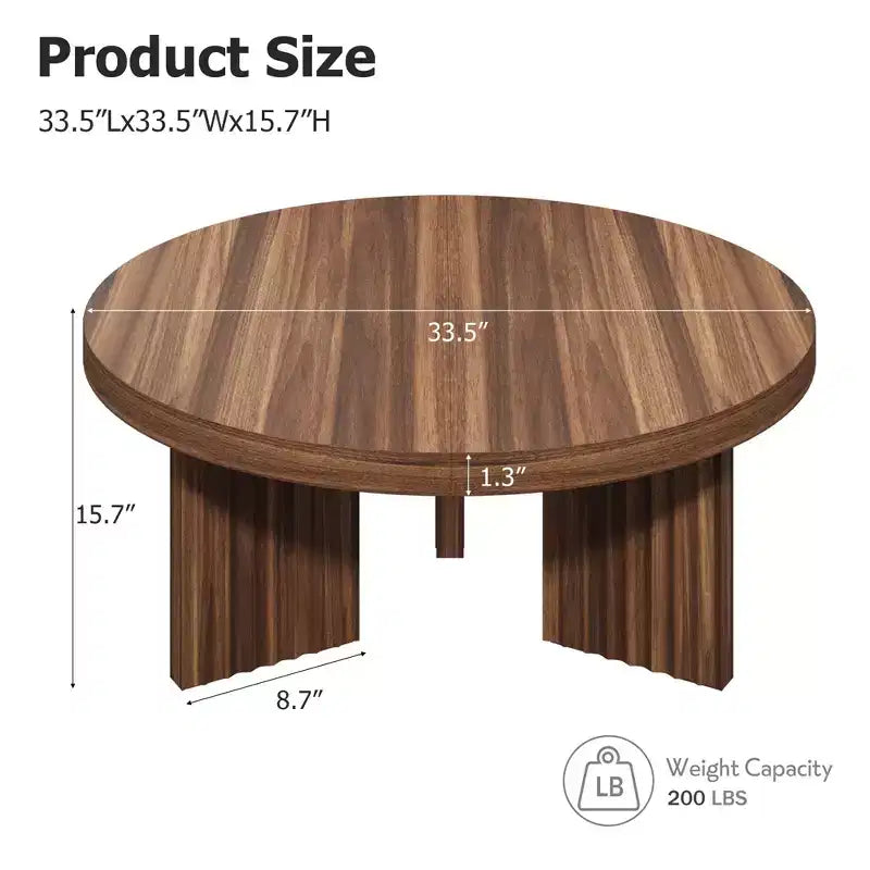 33.4" Small Round Coffee Table with Thick Top and Fluted Legs