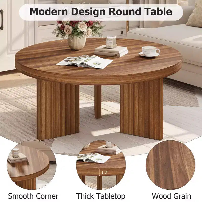 33.4" Small Round Coffee Table with Thick Top and Fluted Legs