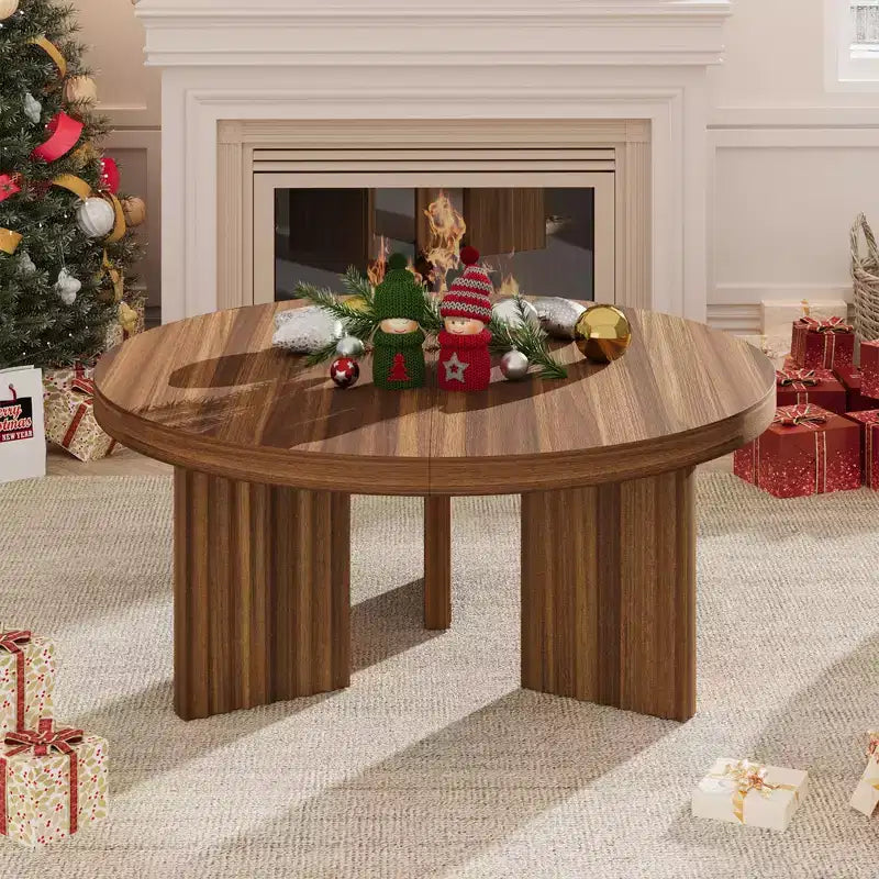 33.4" Small Round Coffee Table with Thick Top and Fluted Legs