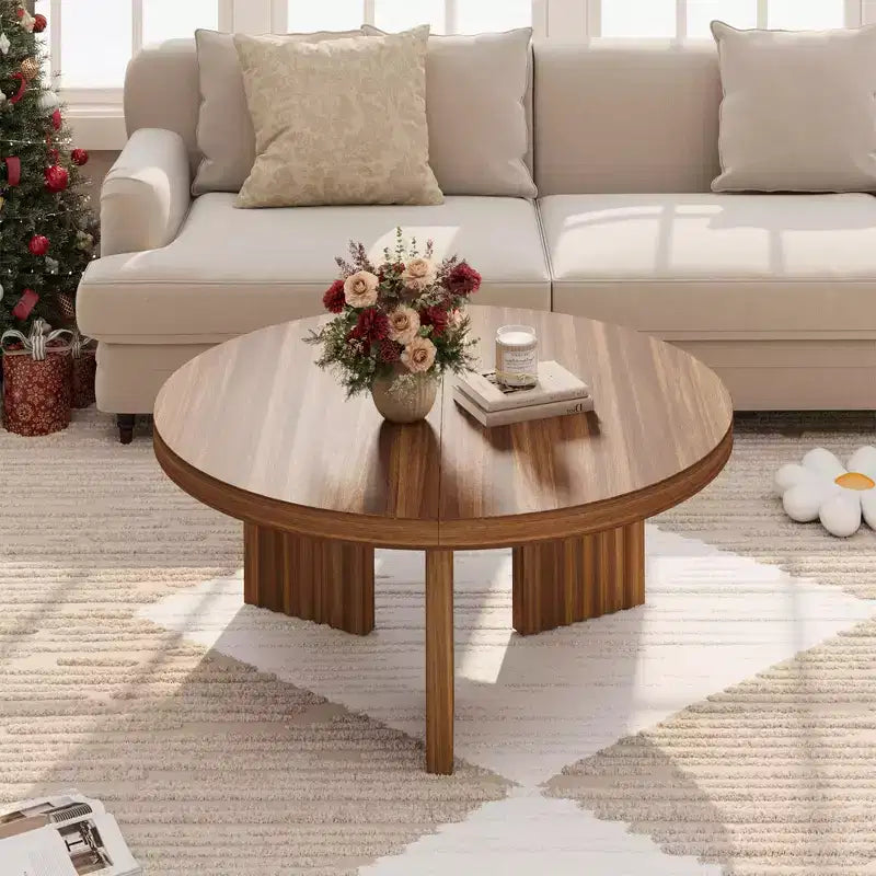 33.4" Small Round Coffee Table with Thick Top and Fluted Legs