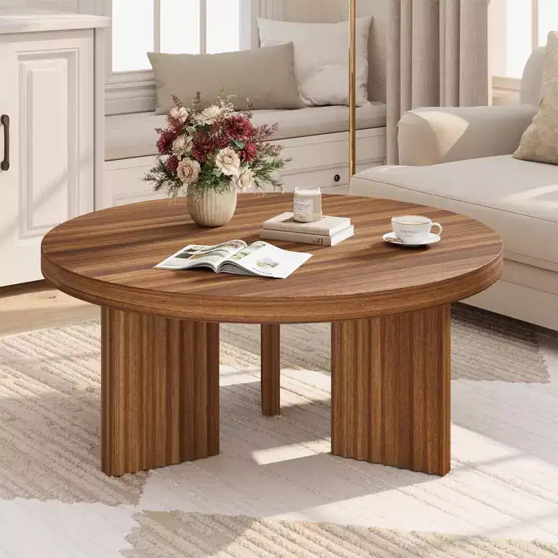 33.4" Small Round Coffee Table with Thick Top and Fluted Legs