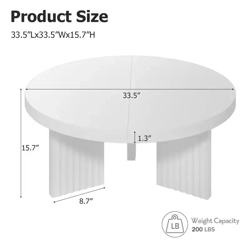 33.4" Small Round Coffee Table with Thick Top and Fluted Legs