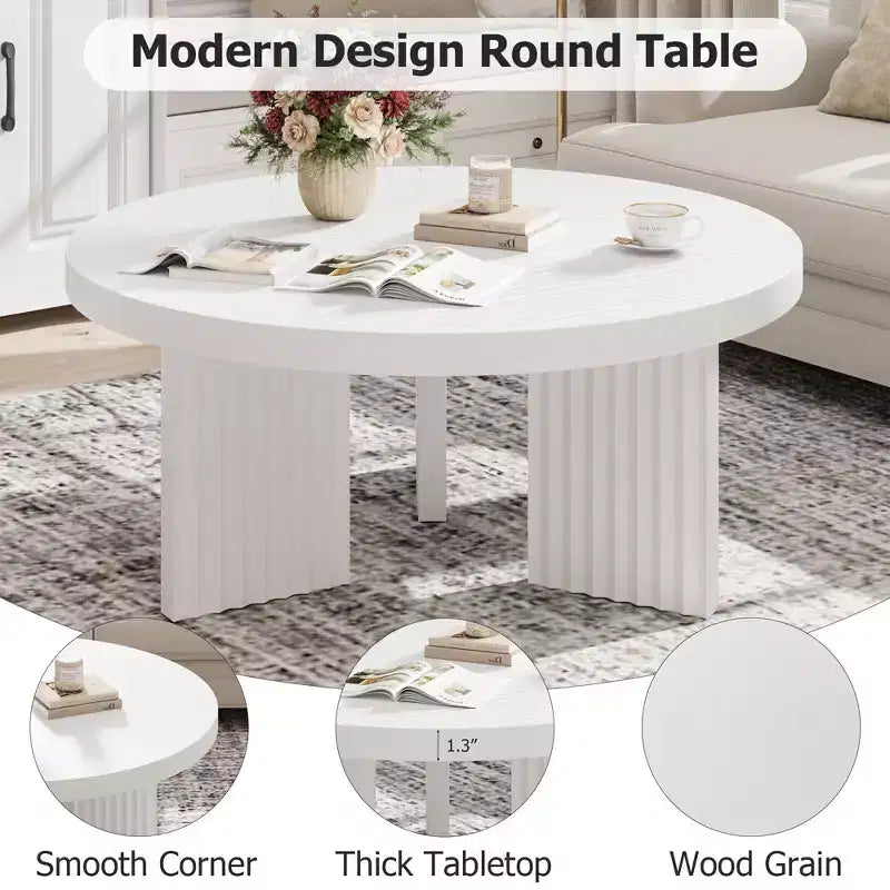 33.4" Small Round Coffee Table with Thick Top and Fluted Legs