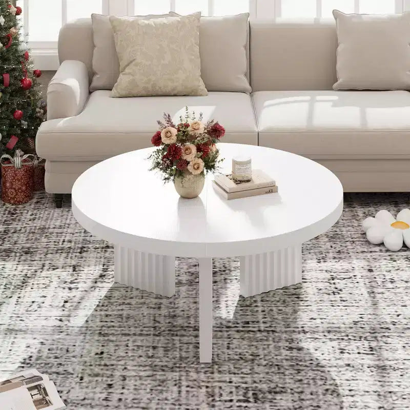 33.4" Small Round Coffee Table with Thick Top and Fluted Legs