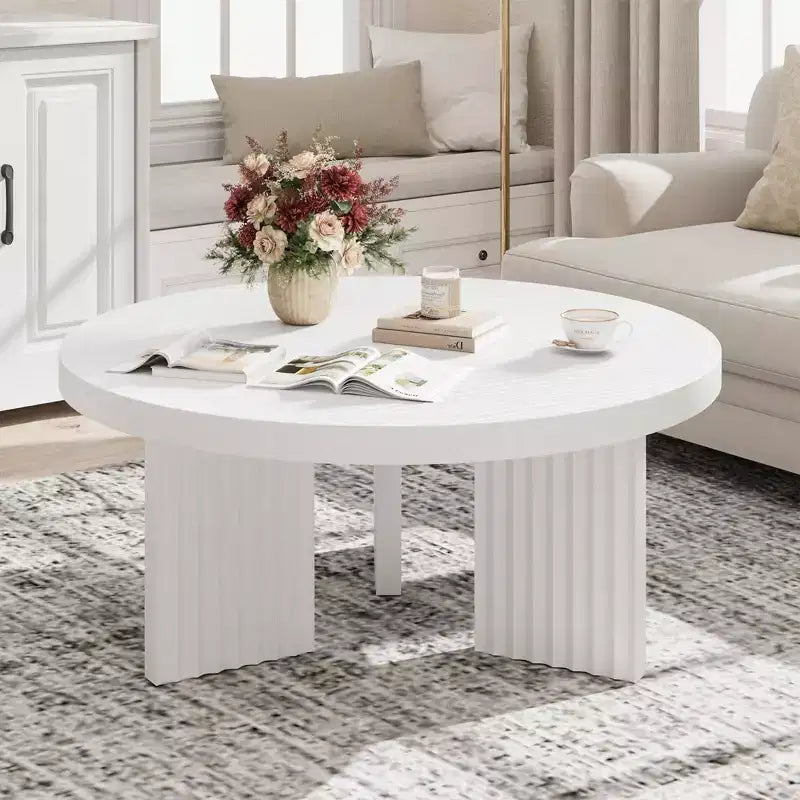 33.4" Small Round Coffee Table with Thick Top and Fluted Legs