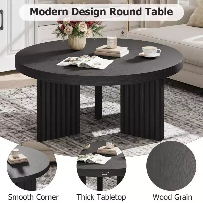 33.4" Small Round Coffee Table with Thick Top and Fluted Legs