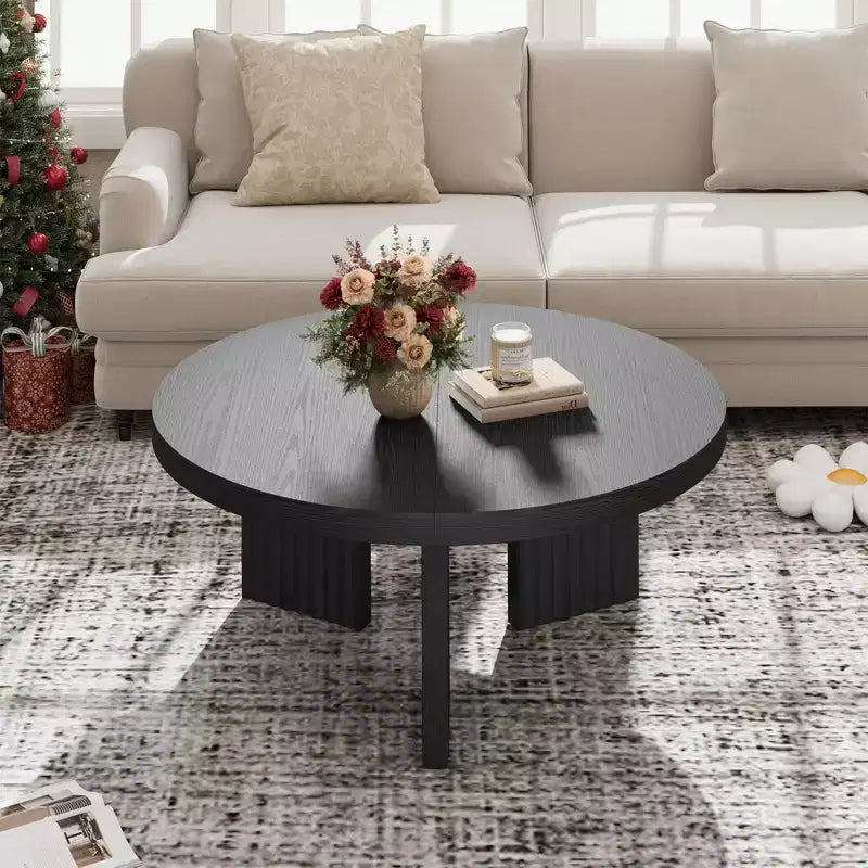 33.4" Small Round Coffee Table with Thick Top and Fluted Legs
