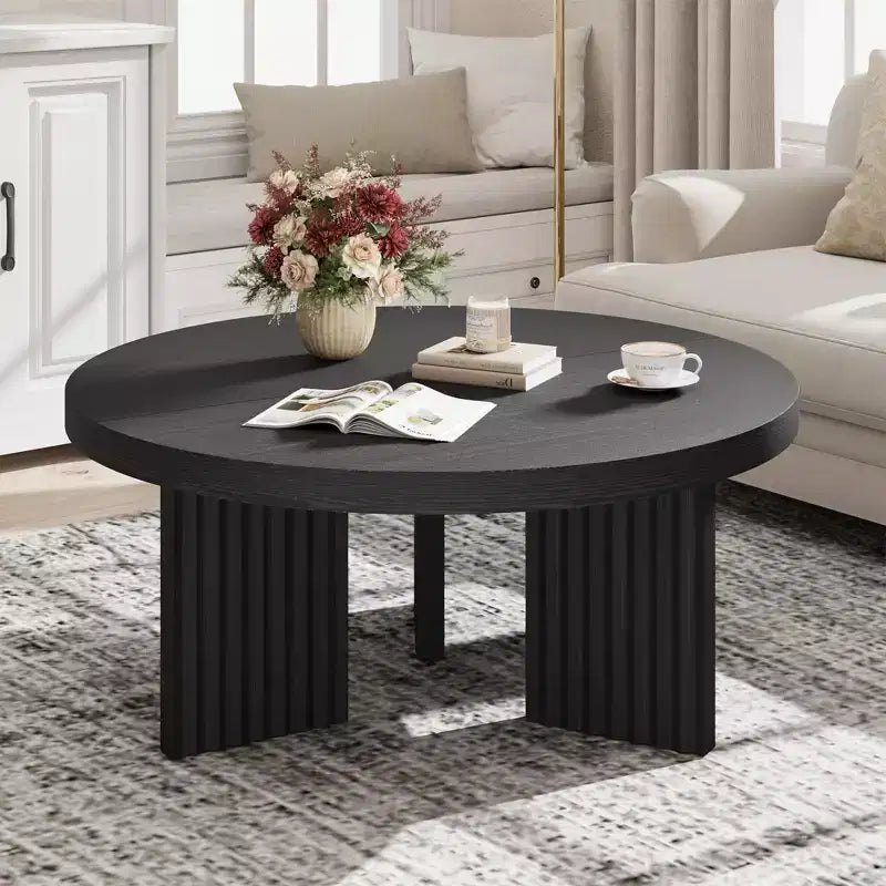 33.4" Small Round Coffee Table with Thick Top and Fluted Legs