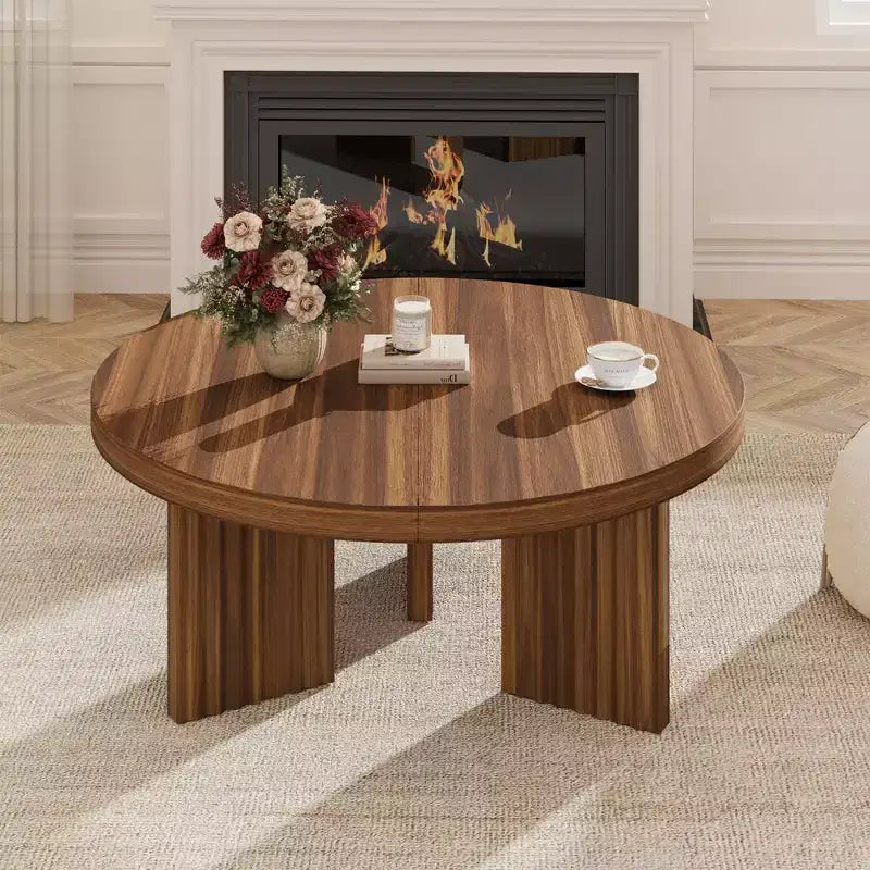 33.4" Small Round Coffee Table with Thick Top and Fluted Legs
