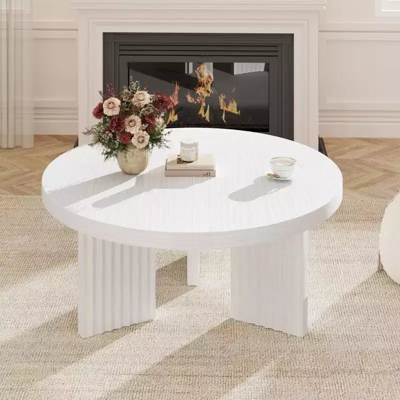 33.4" Small Round Coffee Table with Thick Top and Fluted Legs