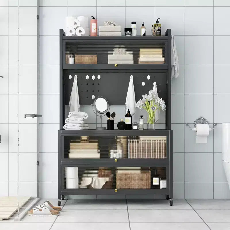 65" 5-Tier Kitchen Baker's Rack with Flip Door Cabinet and Pegboard, Grey