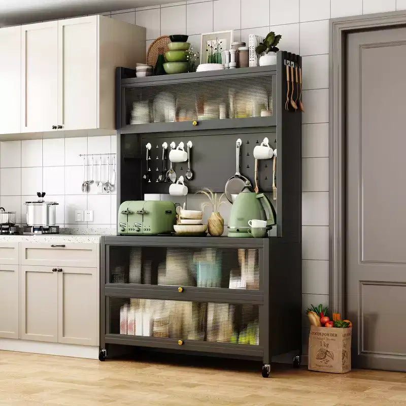 65" 5-Tier Kitchen Baker's Rack with Flip Door Cabinet and Pegboard, Grey