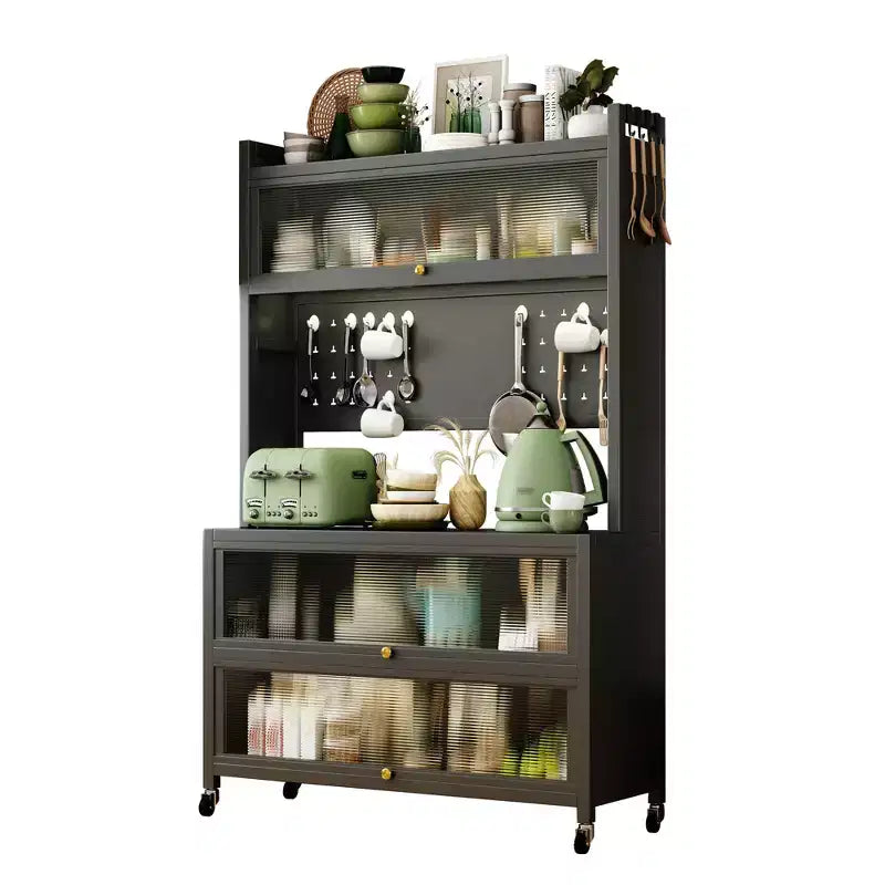 65" 5-Tier Kitchen Baker's Rack with Flip Door Cabinet and Pegboard, Grey