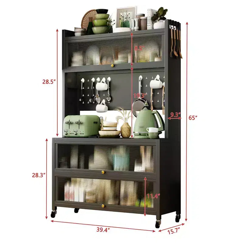 65" 5-Tier Kitchen Baker's Rack with Flip Door Cabinet and Pegboard, Grey