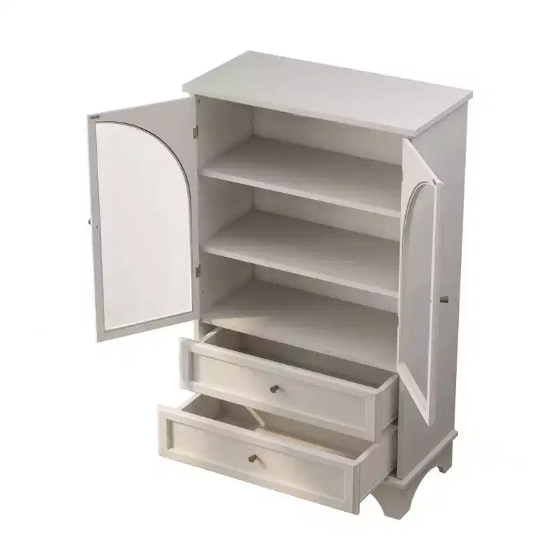 52" Tall White Glass Door Display Cabinet with 2 Drawers and Adjustable Shelves