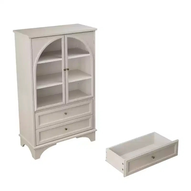 52" Tall White Glass Door Display Cabinet with 2 Drawers and Adjustable Shelves