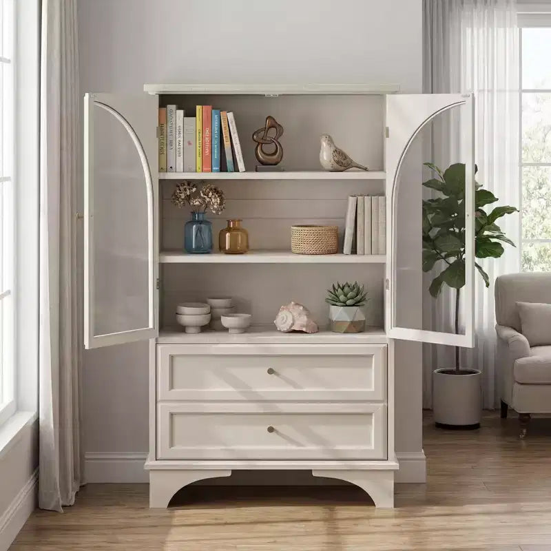 52" Tall White Glass Door Display Cabinet with 2 Drawers and Adjustable Shelves