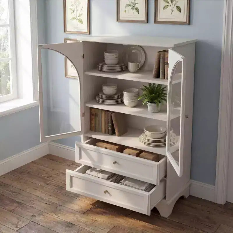 52" Tall White Glass Door Display Cabinet with 2 Drawers and Adjustable Shelves