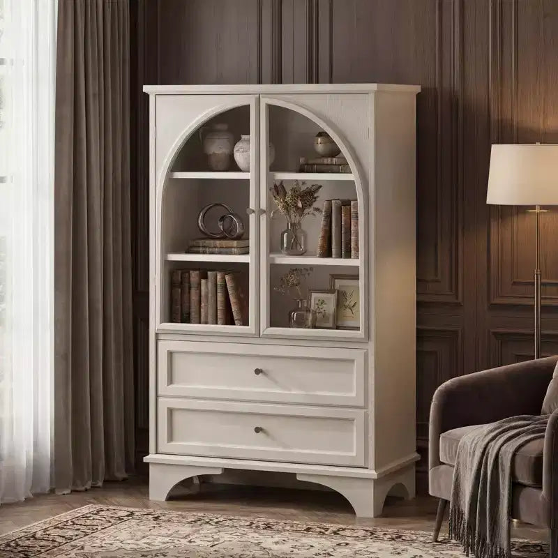 52" Tall White Glass Door Display Cabinet with 2 Drawers and Adjustable Shelves