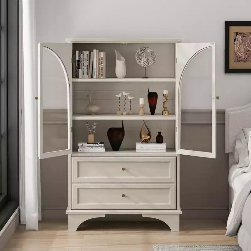 52" Tall White Glass Door Display Cabinet with 2 Drawers and Adjustable Shelves