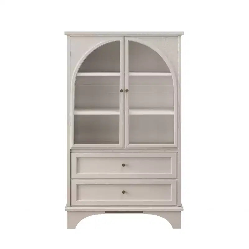 52" Tall White Glass Door Display Cabinet with 2 Drawers and Adjustable Shelves