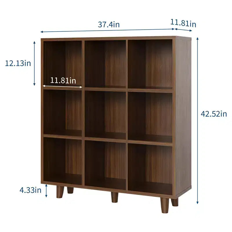 9-Cube Mid-Century Modern Bookshelf, Retro Brown with Anti-Tip Legs