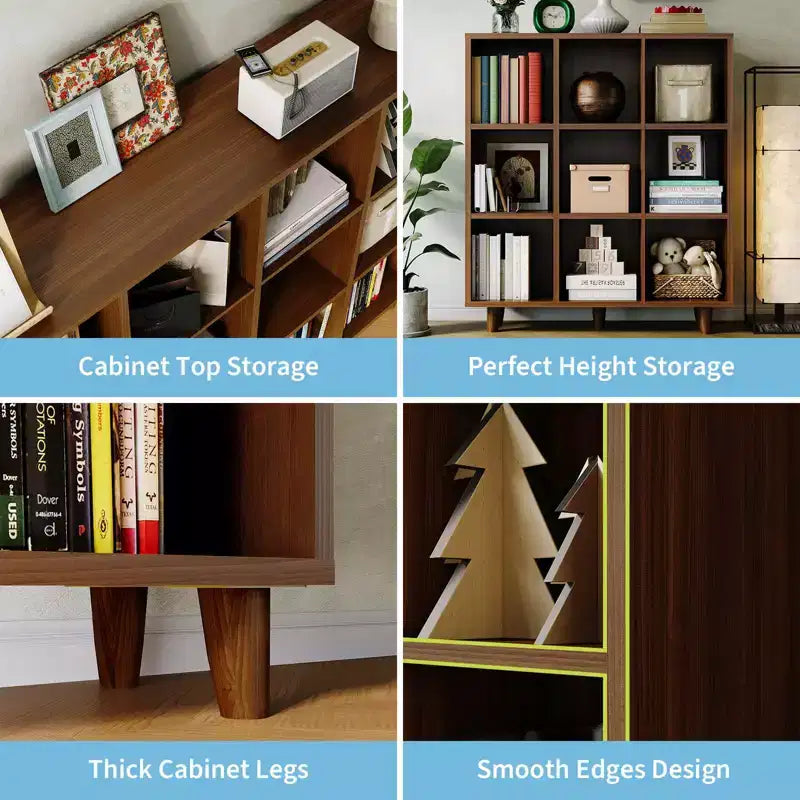 9-Cube Mid-Century Modern Bookshelf, Retro Brown with Anti-Tip Legs