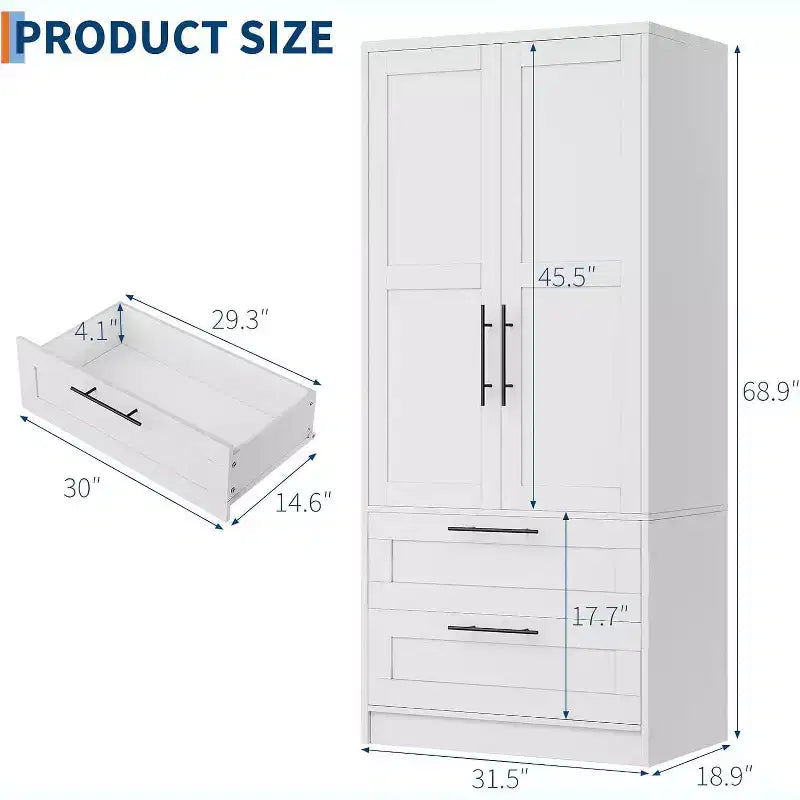 White Wooden Armoire Wardrobe with 2 Doors, 2 Drawers and Hanging Rod