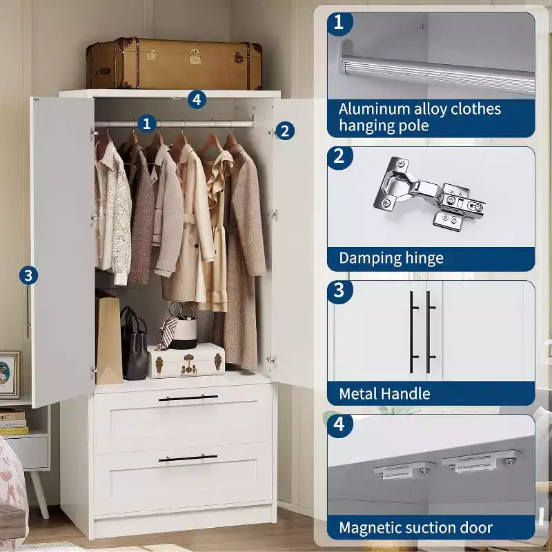 White Wooden Armoire Wardrobe with 2 Doors, 2 Drawers and Hanging Rod