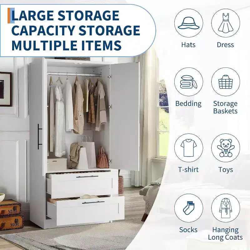 White Wooden Armoire Wardrobe with 2 Doors, 2 Drawers and Hanging Rod