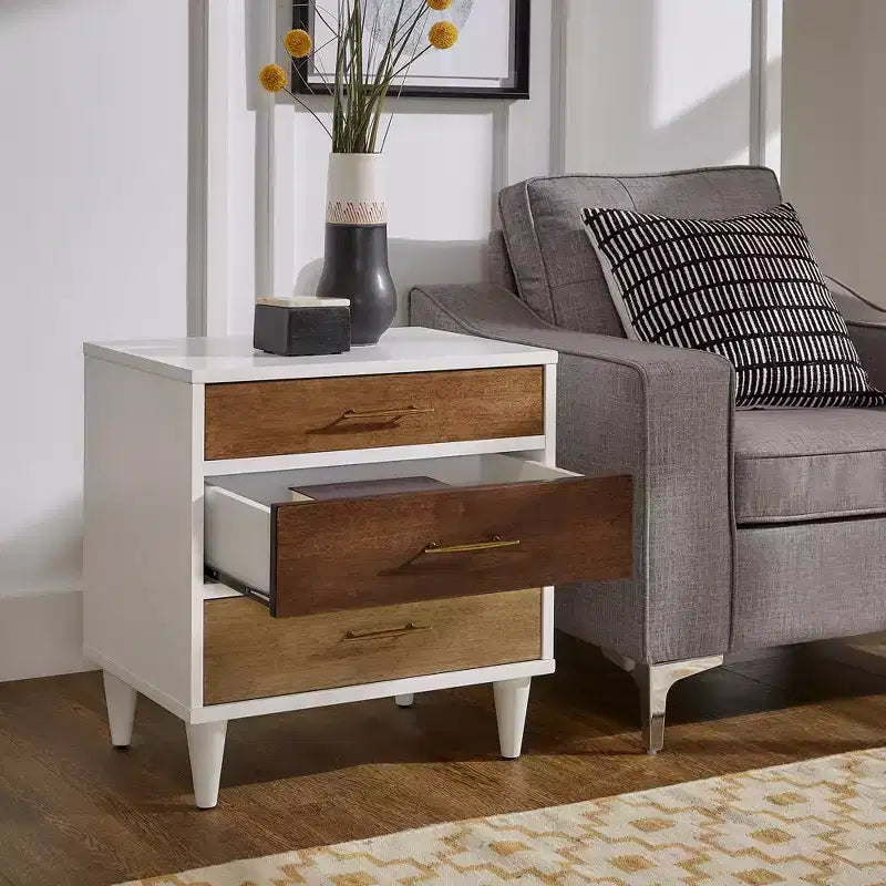White 3-Drawer Nightstand, Mid-Century Modern