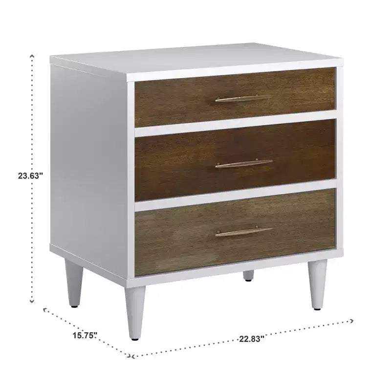 White 3-Drawer Nightstand, Mid-Century Modern