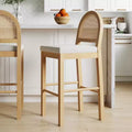 Counter Height Barstool, Oak Rattan Back with Cream Boucle Seat