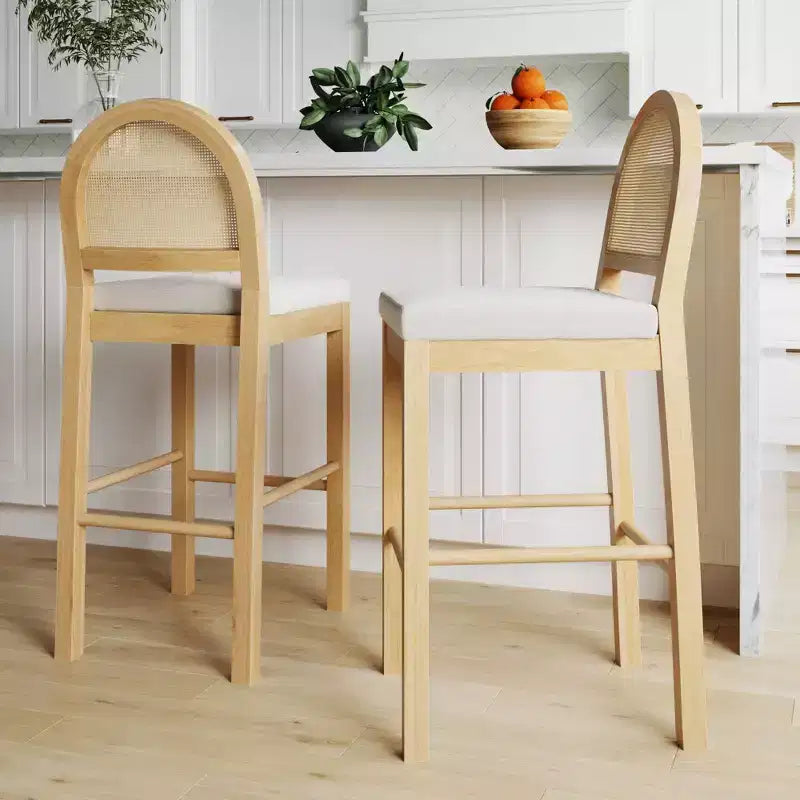 Counter Height Barstool, Oak Rattan Back with Cream Boucle Seat