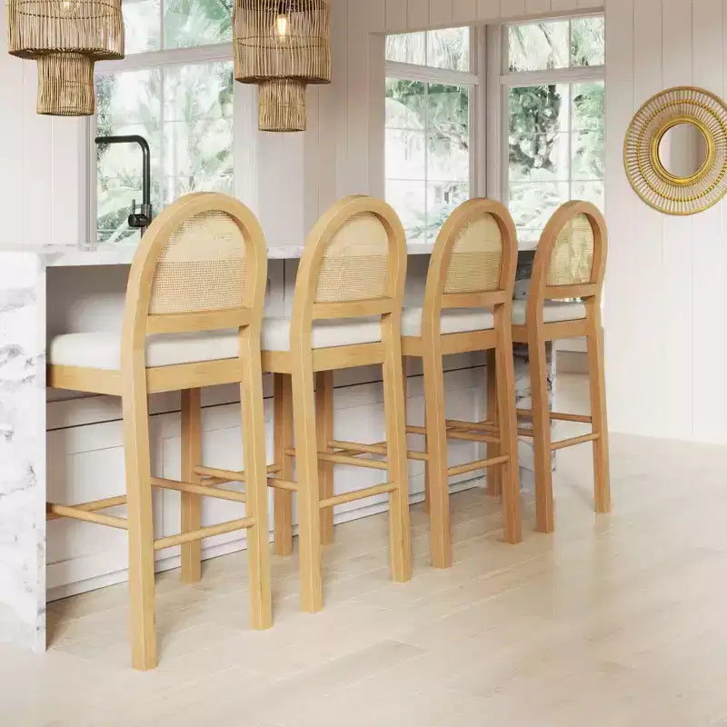 Counter Height Barstool, Oak Rattan Back with Cream Boucle Seat