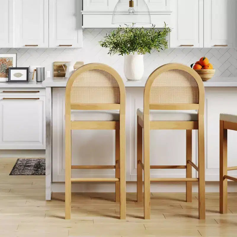Counter Height Barstool, Oak Rattan Back with Cream Boucle Seat