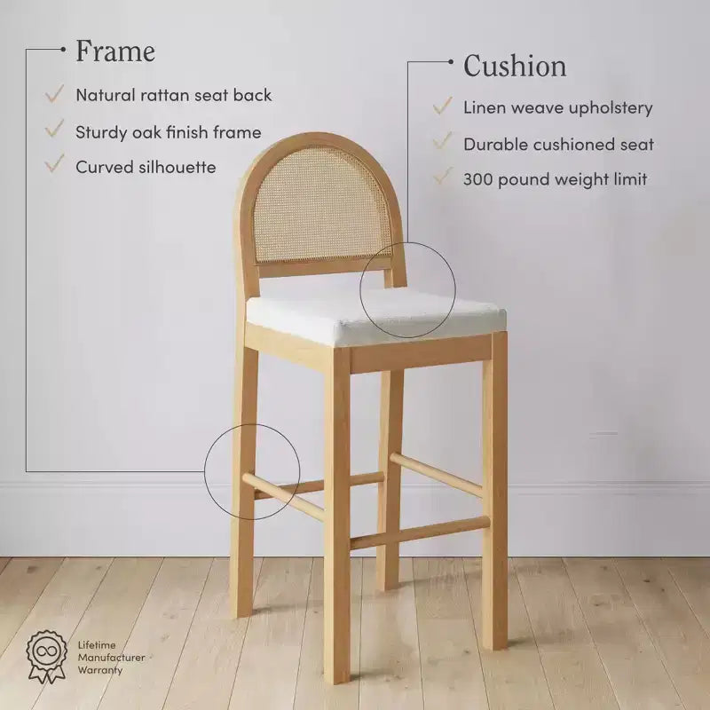 Counter Height Barstool, Oak Rattan Back with Cream Boucle Seat