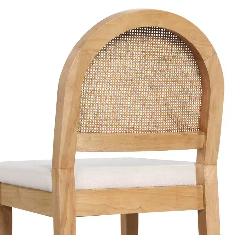 Counter Height Barstool, Oak Rattan Back with Cream Boucle Seat